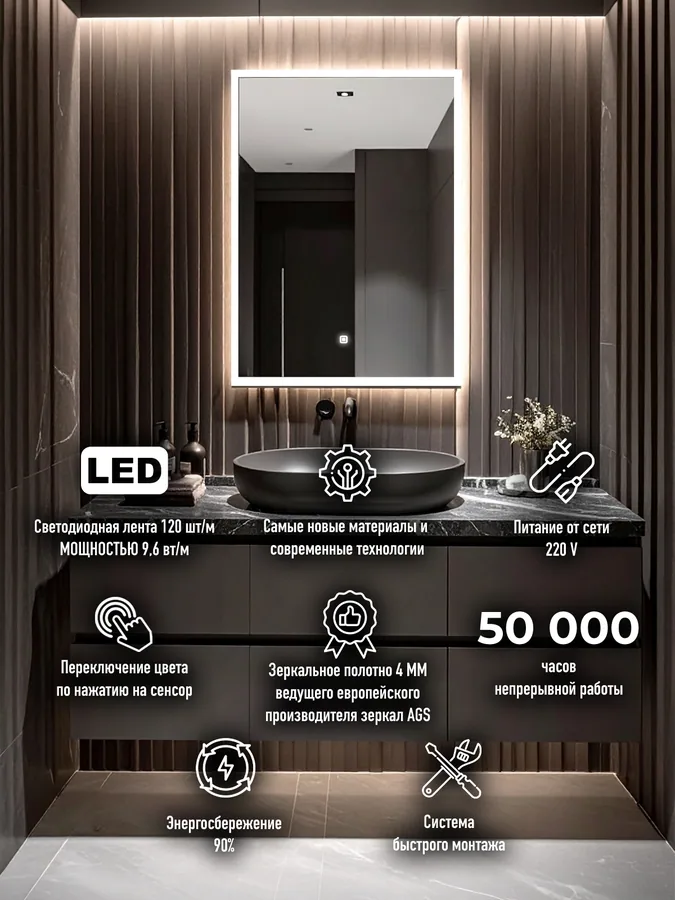 Зеркало ванной вертикальное 40x55 см LED-подсветка с матовым ободком