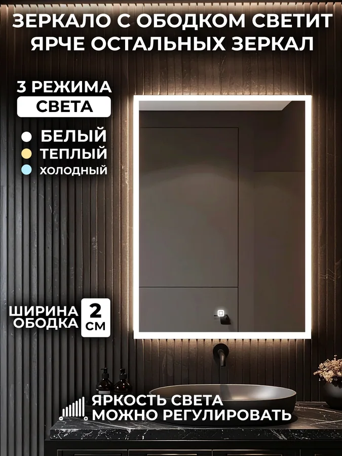 Зеркало ванной вертикальное 40x55 см LED-подсветка с матовым ободком