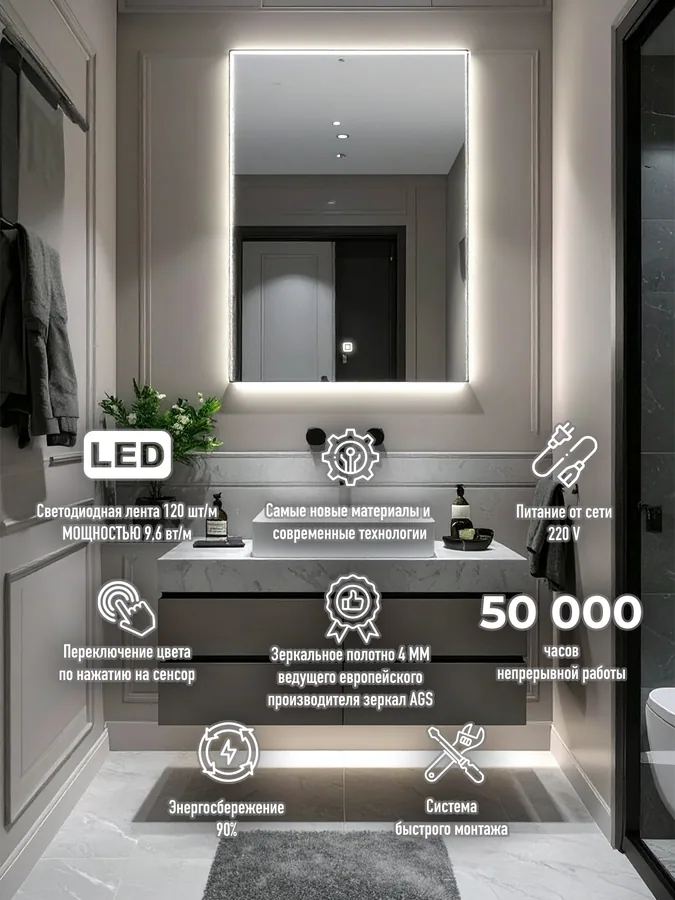 Зеркало ванной вертикальное 40x55 см LED-подсветка