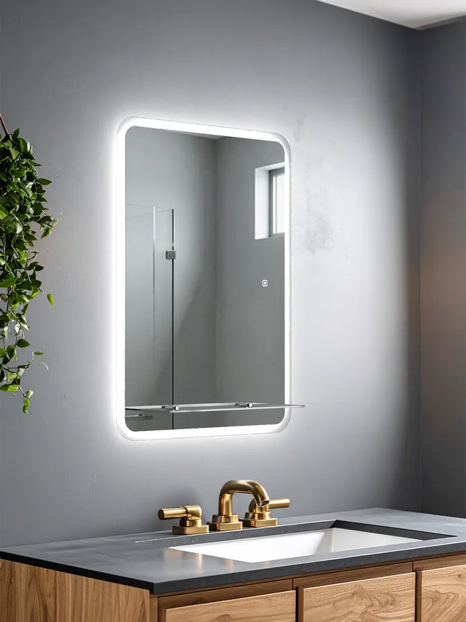 Зеркало ванной вертикальное 72x52 см LED-подсветка с матовым ободком + полка