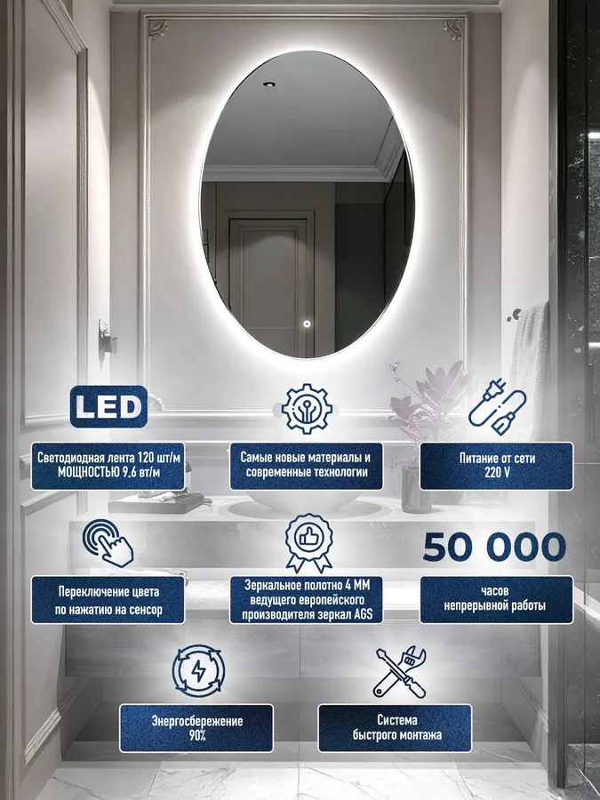 Зеркало ванной овальное 52x75 см LED-подсветка