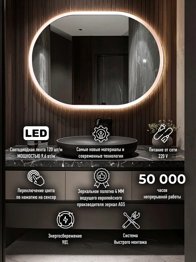 Зеркало ванной капсула 52x72 см LED-подсветка с матовым ободком