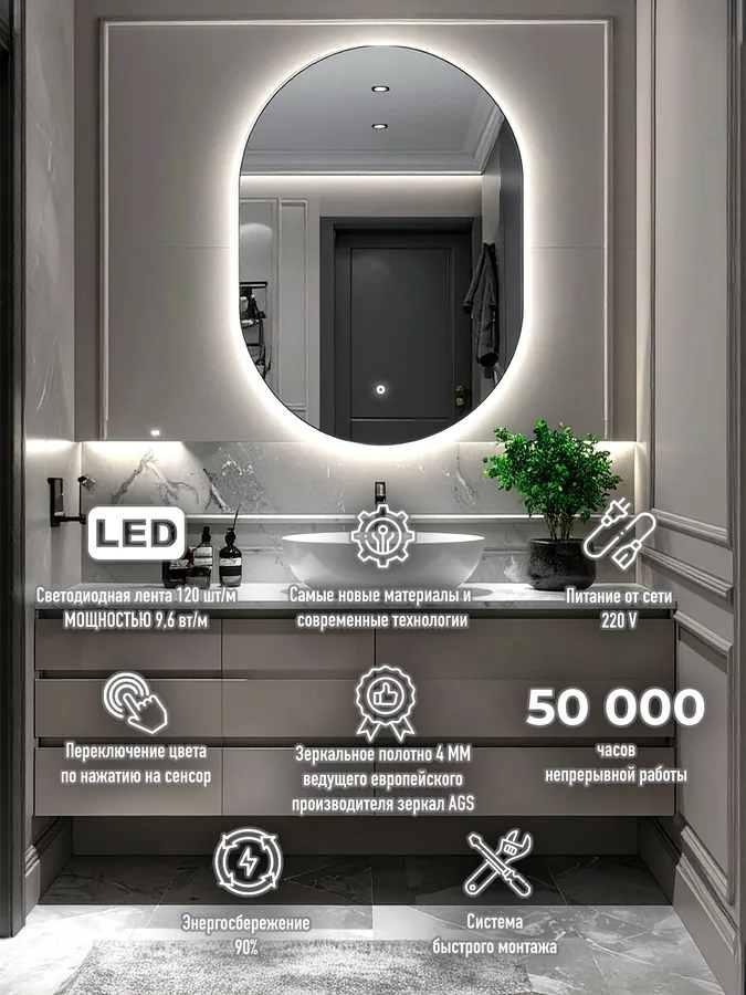 Зеркало ванной капсула 52x72 см LED-подсветка