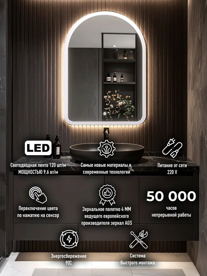 Зеркало ванной арочное 52x72 см LED-подсветка с матовым ободком