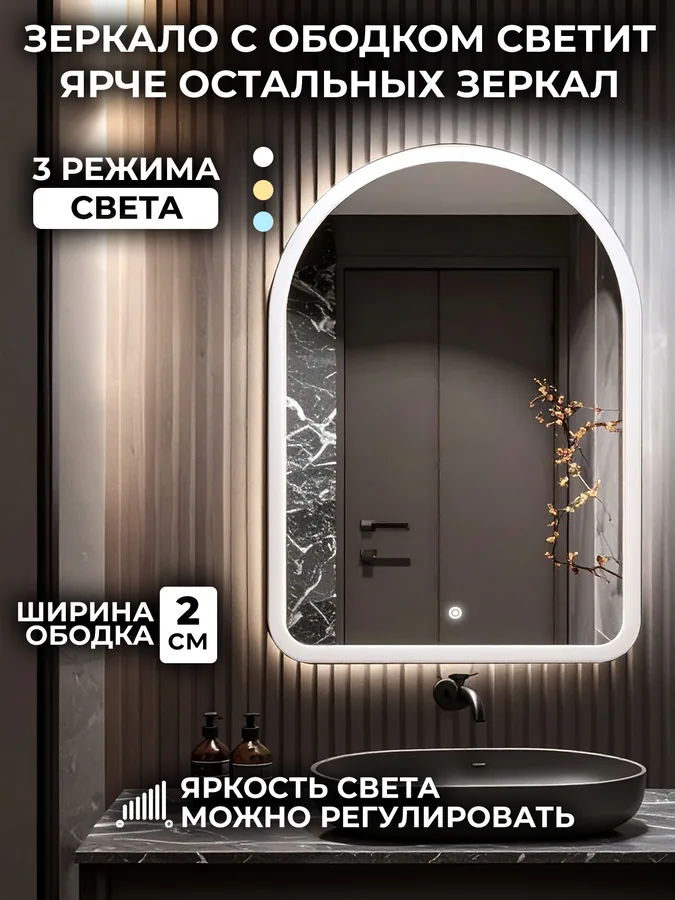 Зеркало ванной арочное 52x72 см LED-подсветка с матовым ободком