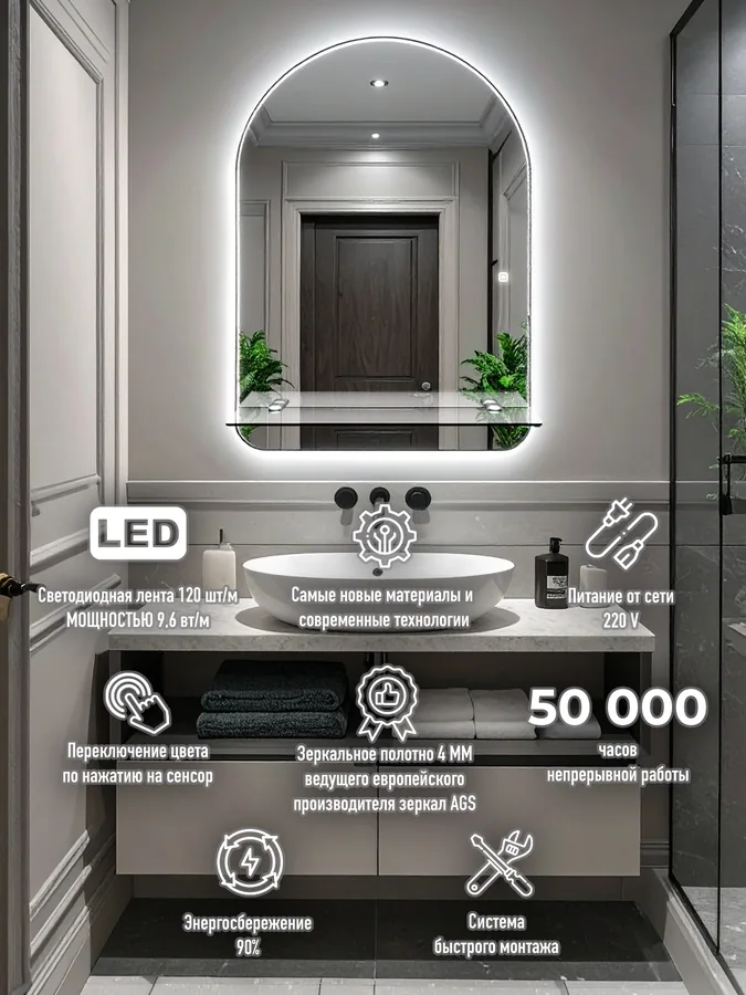 Зеркало ванной арочное 52x72 см LED-подсветка + полка