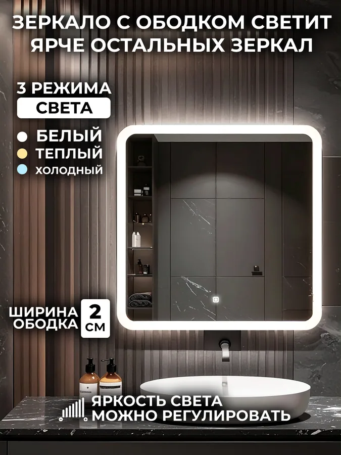 Зеркало ванной 60x60 см LED-подсветка с матовой окантовкой